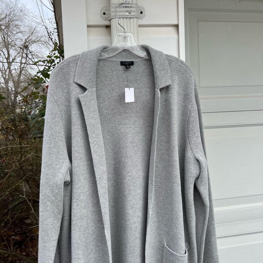 NWT Talbots Beautiful Thick Gray Open Front Wool Blend Cardigan Pockets - Picture 2 of 8